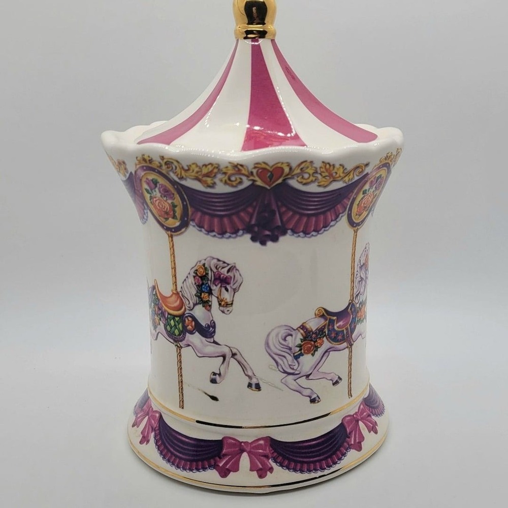 Vintage Teleflora Gift Ceramic Carousel Music Box Horse Decorative Jar